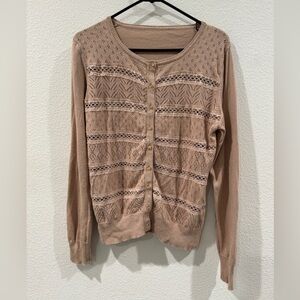 Silk Blend Dusty Rose Pink Lace Striped Button Front Cardigan Sweater Size M